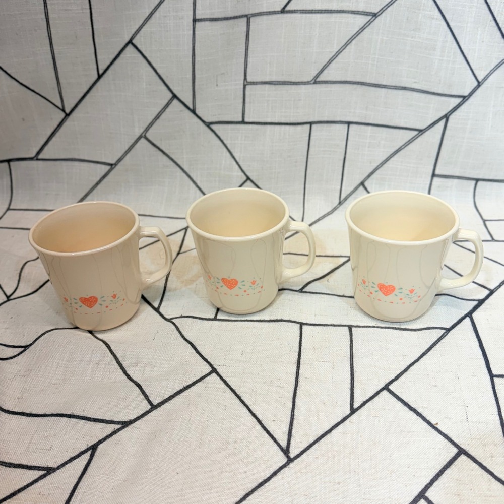 Corning Corelle Mugs Set of 3 Cream Luv It‎ Orange Heart Floral Vintage Vitrelle